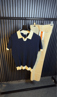 Textured Old Money Polo Solid collar Knitted Tshirt - navy