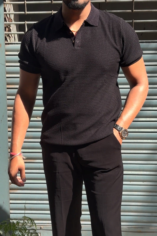 Textured Old Money Polo Solid Knitted Tshirt - Black - Under Attack