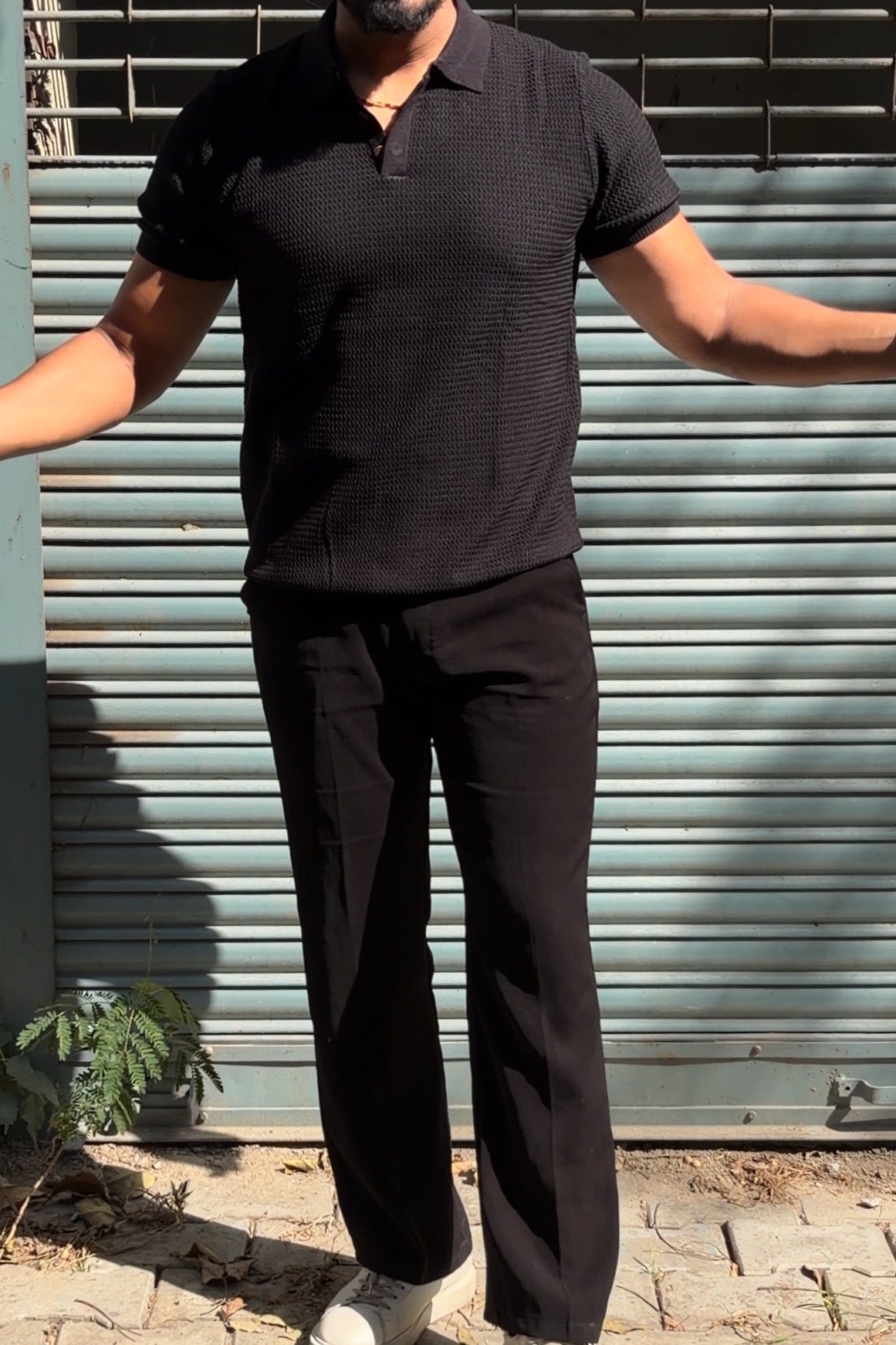 Textured Old Money Polo Solid Knitted Tshirt - Black - Under Attack