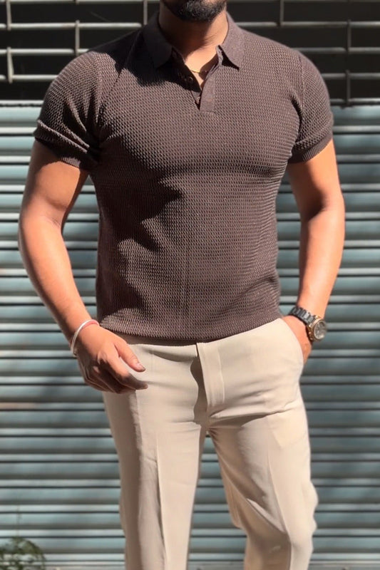 Textured Old Money Polo Solid Knitted Tshirt - Brown - Under Attack