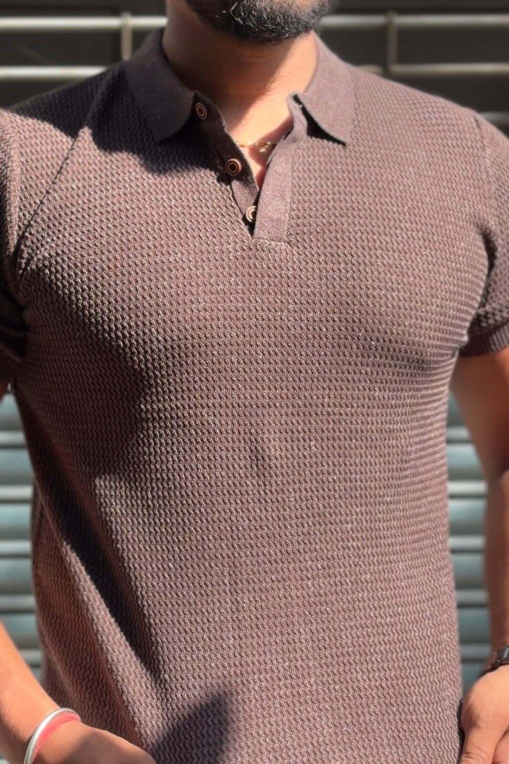 Textured Old Money Polo Solid Knitted Tshirt - Brown - Under Attack