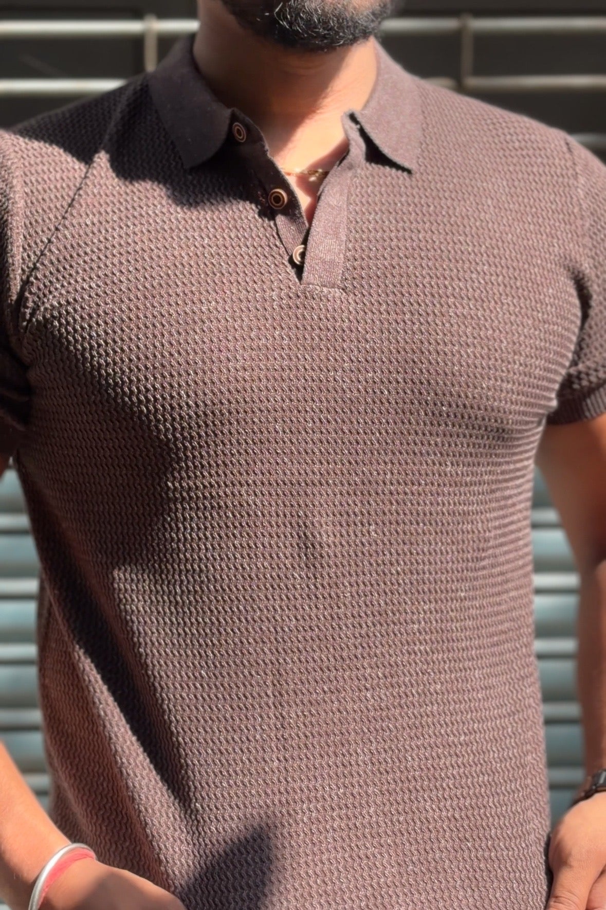 Textured Old Money Polo Solid Knitted Tshirt - Brown - Under Attack