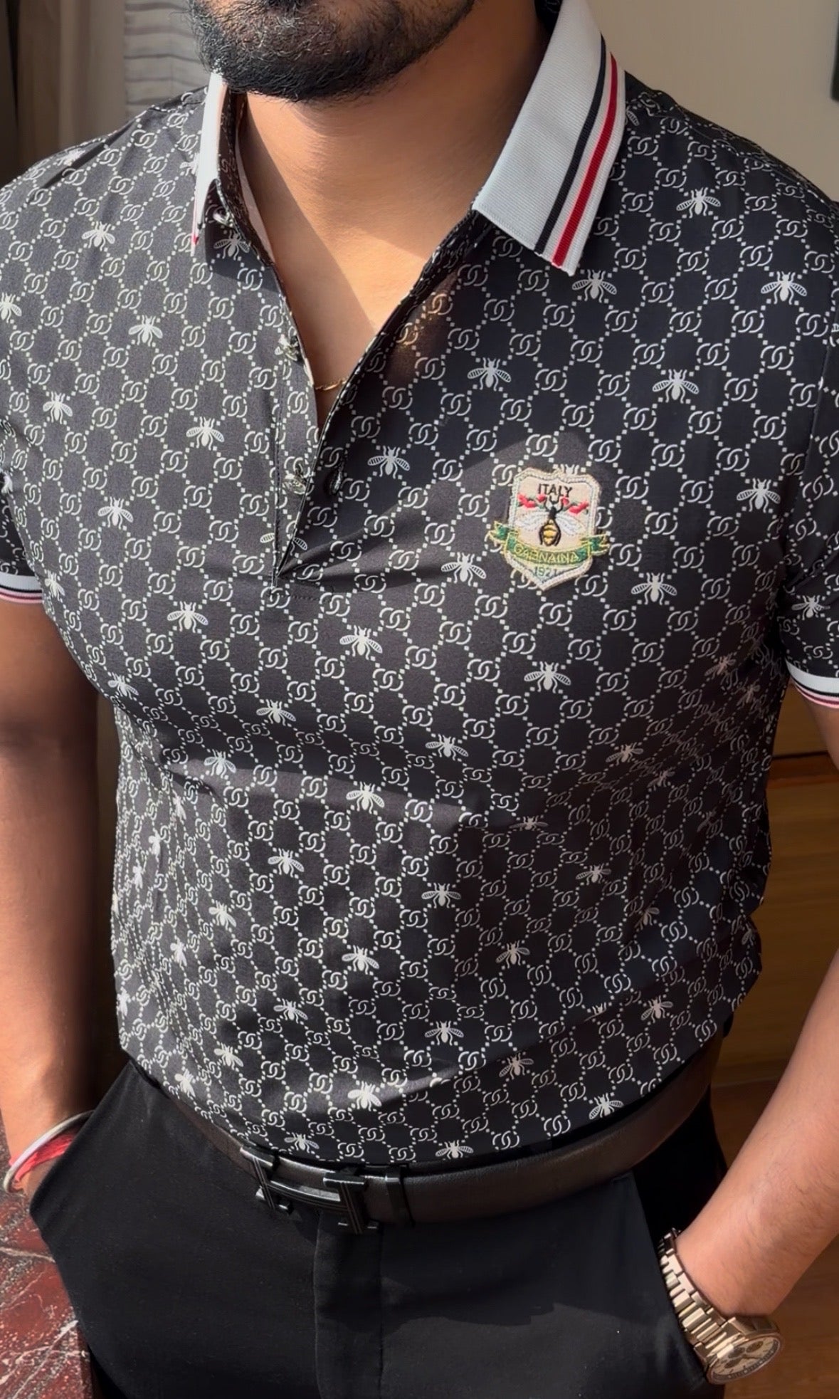 Textured Old Money Polo Tshirt - Black - Under Attack