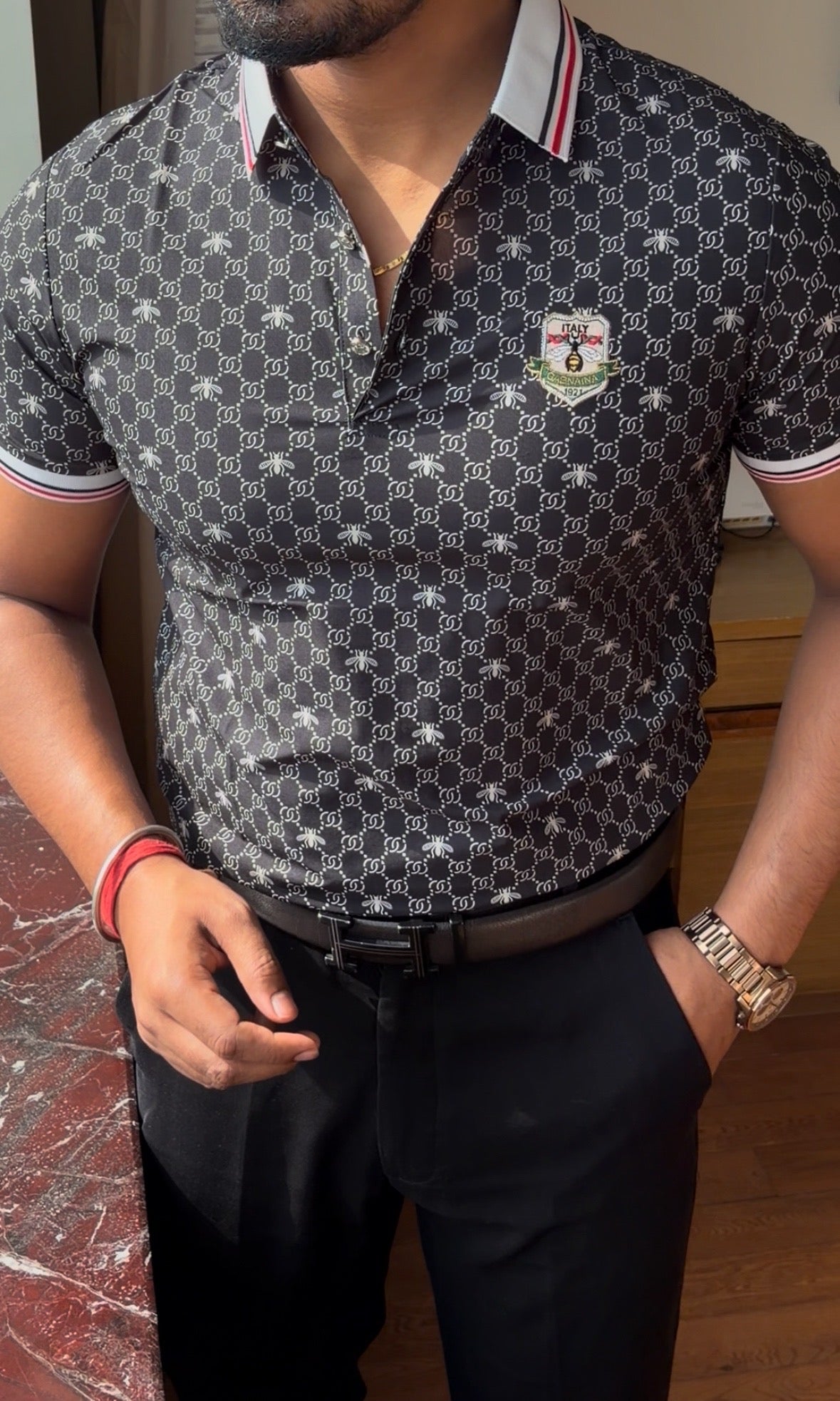 Textured Old Money Polo Tshirt - Black - Under Attack