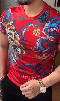 Tiger Couture All Over Print Viscose Tshirt - Red