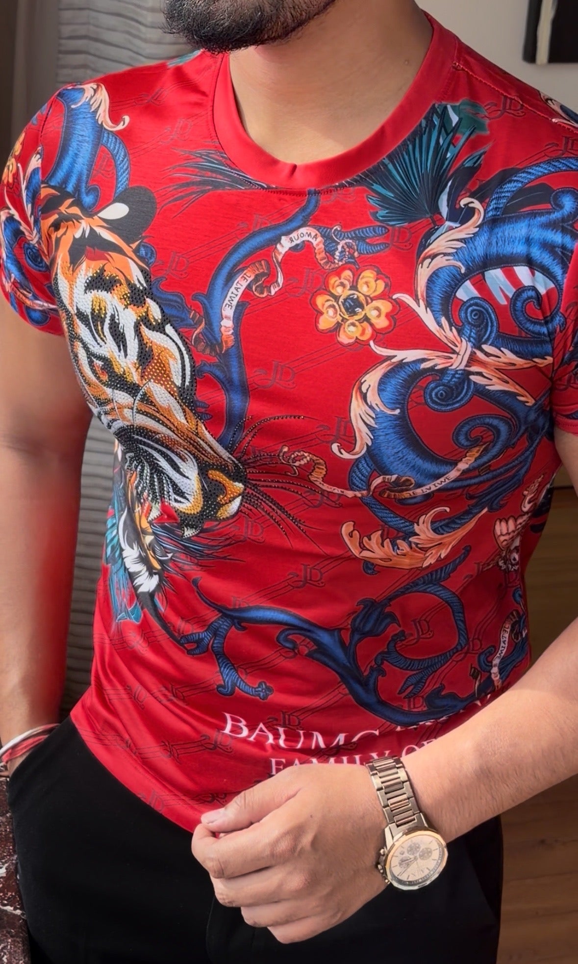 Tiger Couture All Over Print Viscose Tshirt - Red - Under Attack