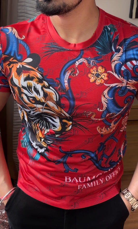 Tiger Couture All Over Print Viscose Tshirt - Red - Under Attack