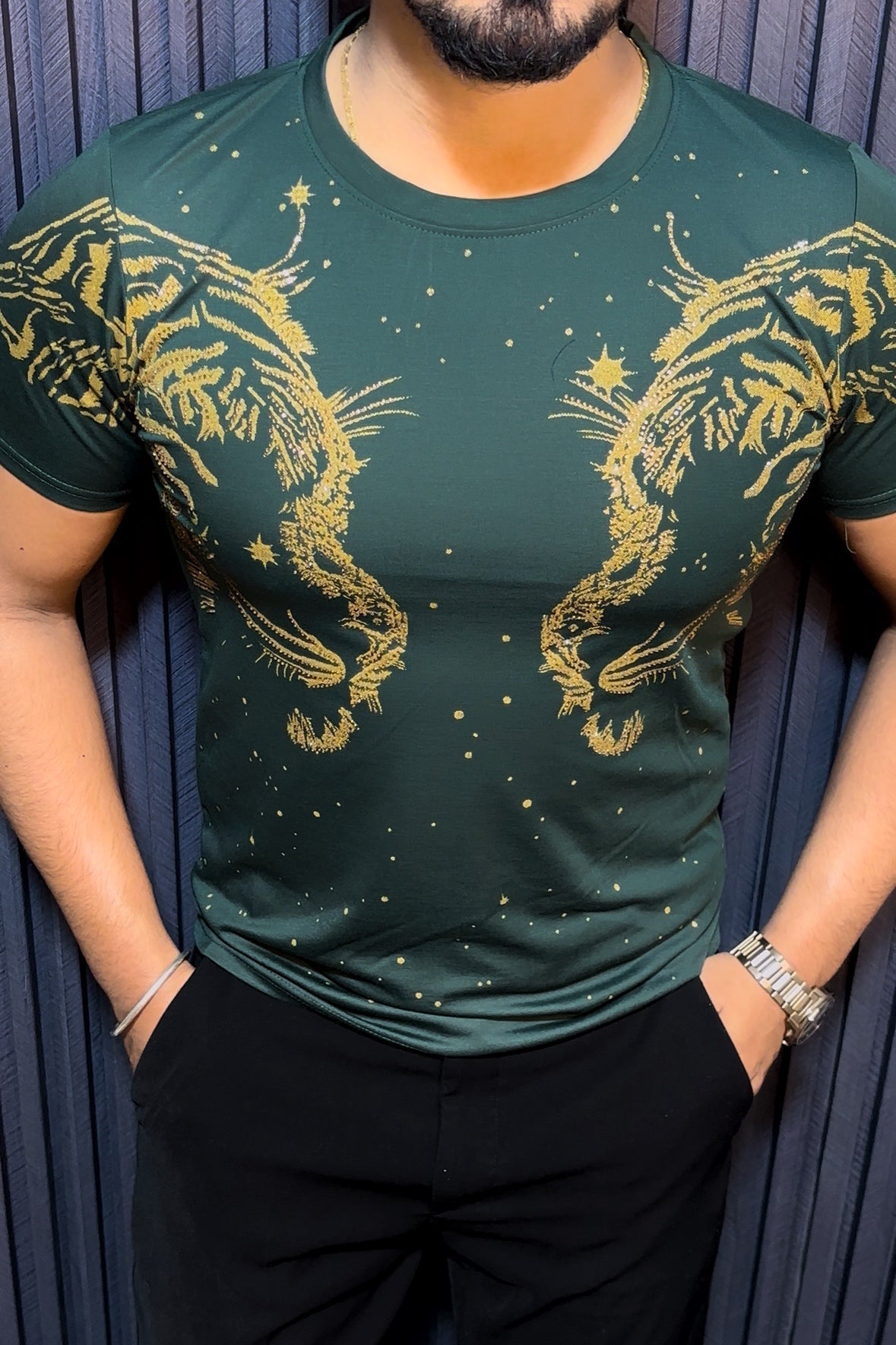 Tiger Double Face Half Sleeves Tshirt - Green - Under Attack