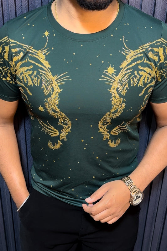 Tiger Double Face Half Sleeves Tshirt - Green - Under Attack