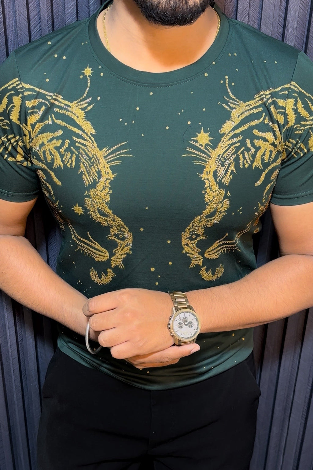 Tiger Double Face Half Sleeves Tshirt - Green - Under Attack