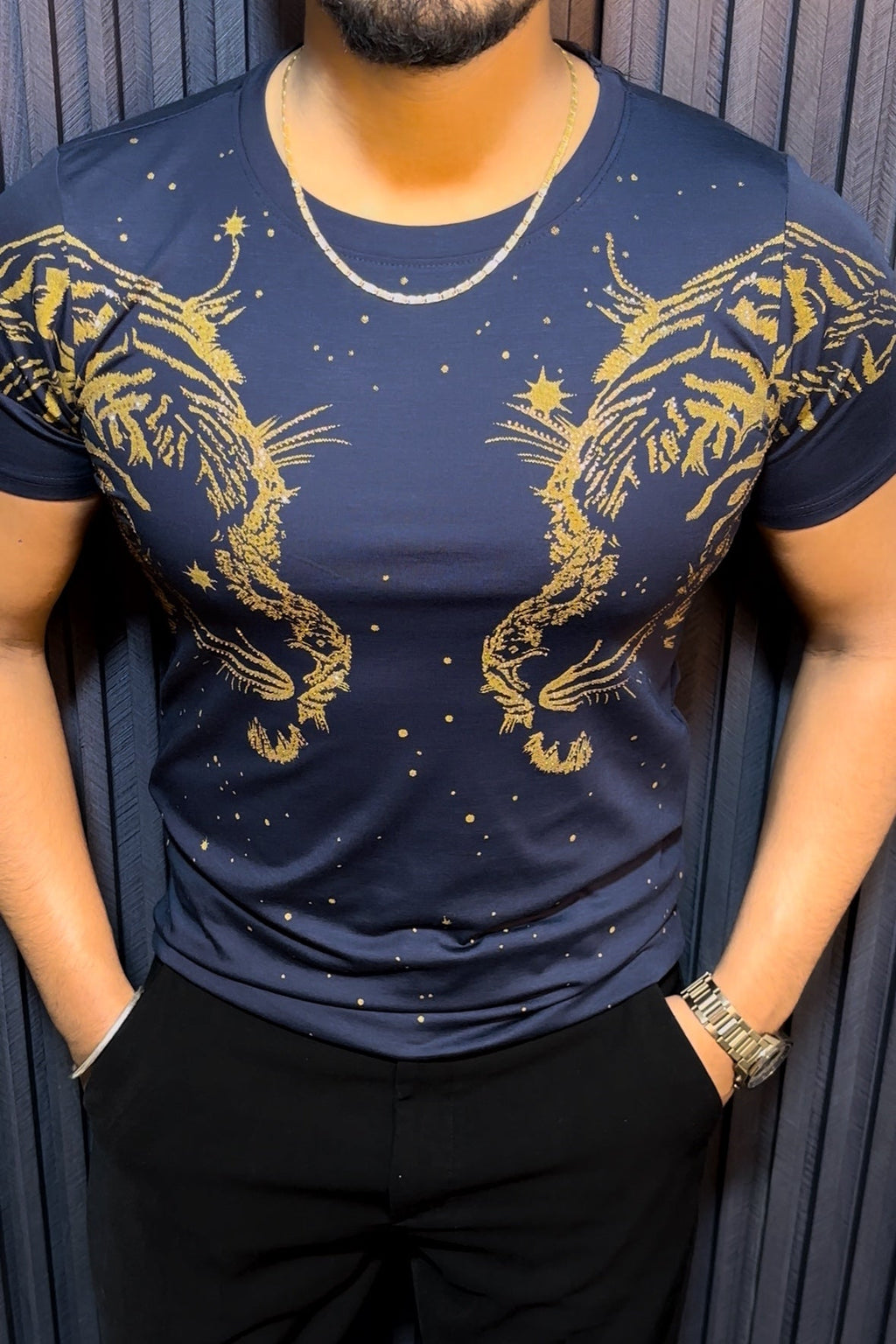 Tiger Double Face Half Sleeves Tshirt - Navy - Under Attack