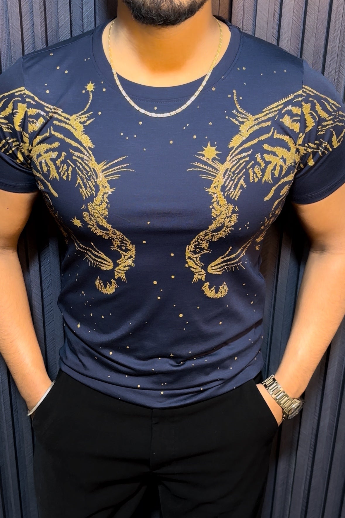 Tiger Double Face Half Sleeves Tshirt - Navy - Under Attack