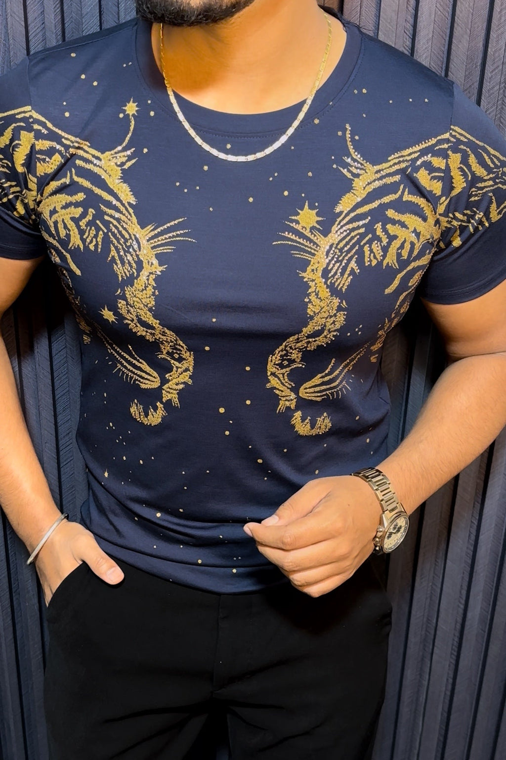 Tiger Double Face Half Sleeves Tshirt - Navy - Under Attack