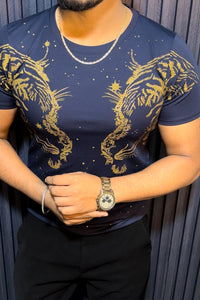 Tiger Double Face Half Sleeves Tshirt - Navy