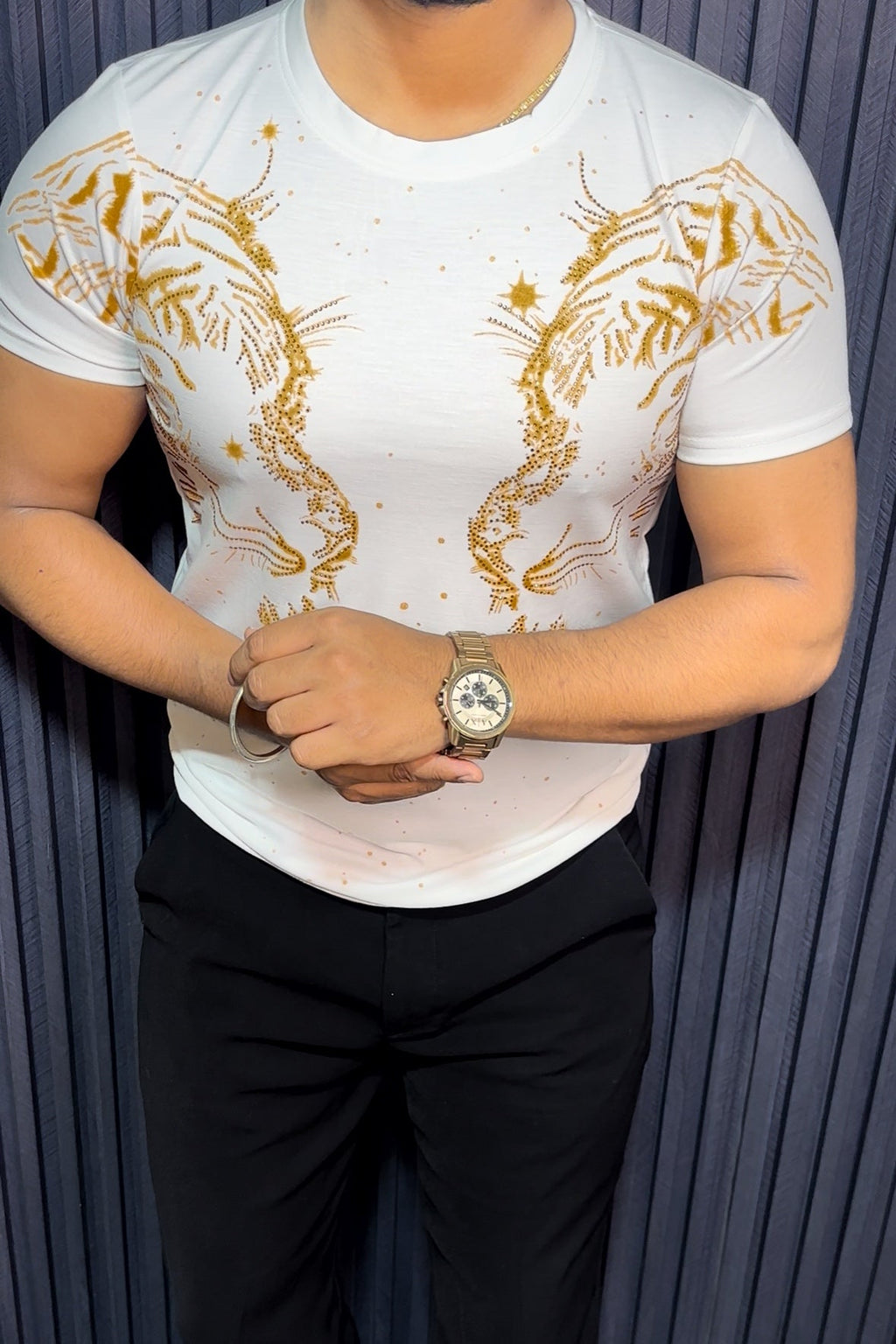 Tiger Double Face Half Sleeves Tshirt - White - Under Attack
