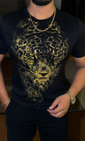 Tiger Swarovski Luxe Full Face Gold Half Sleeves Tshirt - Black - Under Attack