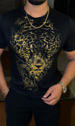 Tiger Swarovski Luxe Full Face Gold Half Sleeves Tshirt - Black - Under Attack