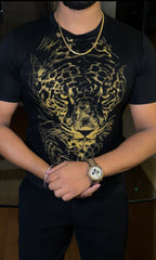 Tiger Swarovski Luxe Full Face Gold Half Sleeves Tshirt - Black - Under Attack