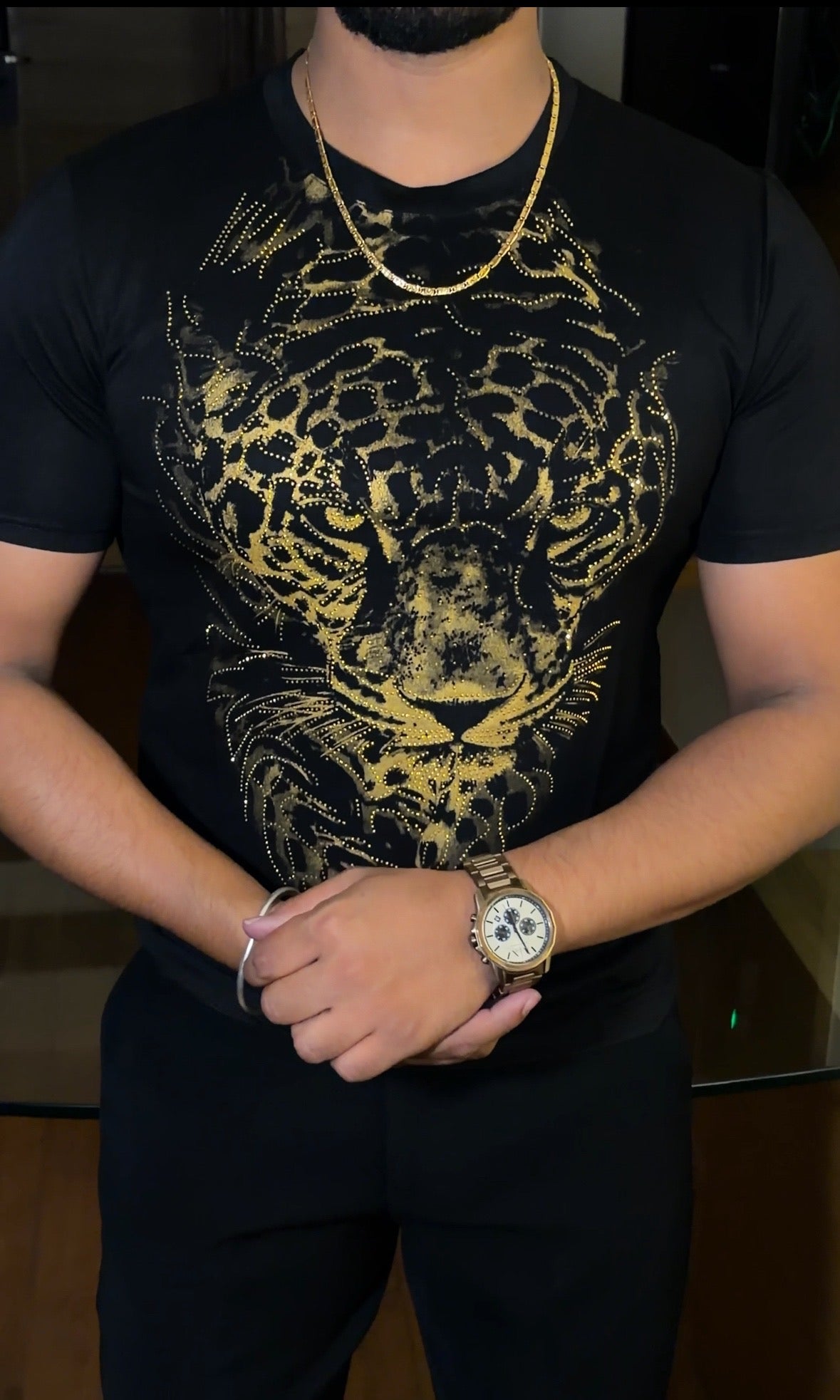 Tiger Swarovski Luxe Full Face Gold Half Sleeves Tshirt - Black - Under Attack