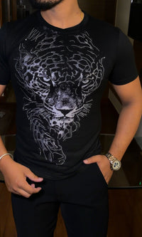Tiger Swarovski Velvet Full Face Silver Half Sleeves Tshirt - Black