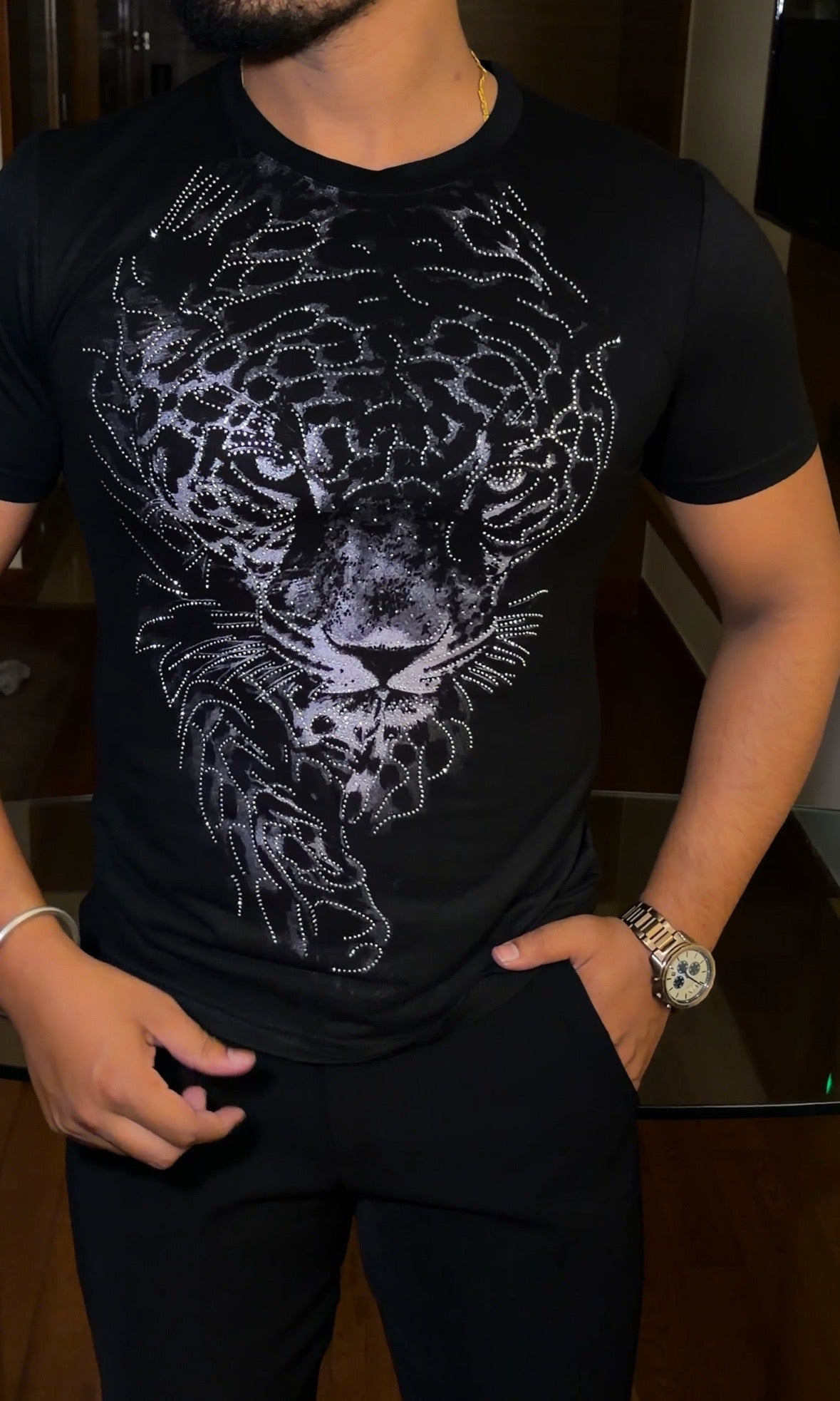 Tiger Swarovski Luxe Full Face Silver Half Sleeves Tshirt - Black - Under Attack