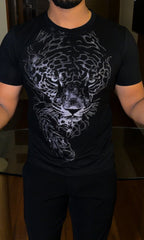 Tiger Swarovski Luxe Full Face Silver Half Sleeves Tshirt - Black - Under Attack
