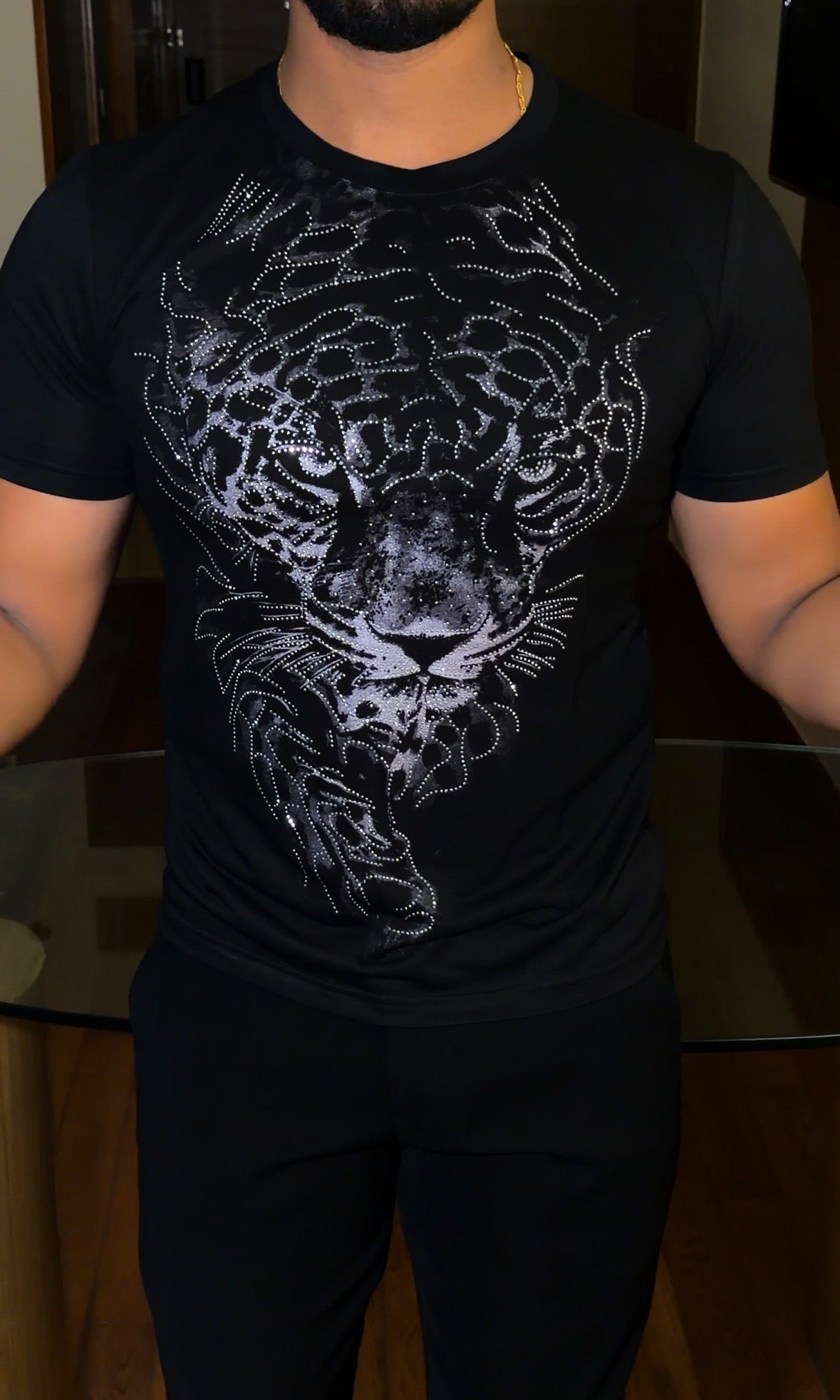 Tiger Swarovski Luxe Full Face Silver Half Sleeves Tshirt - Black - Under Attack