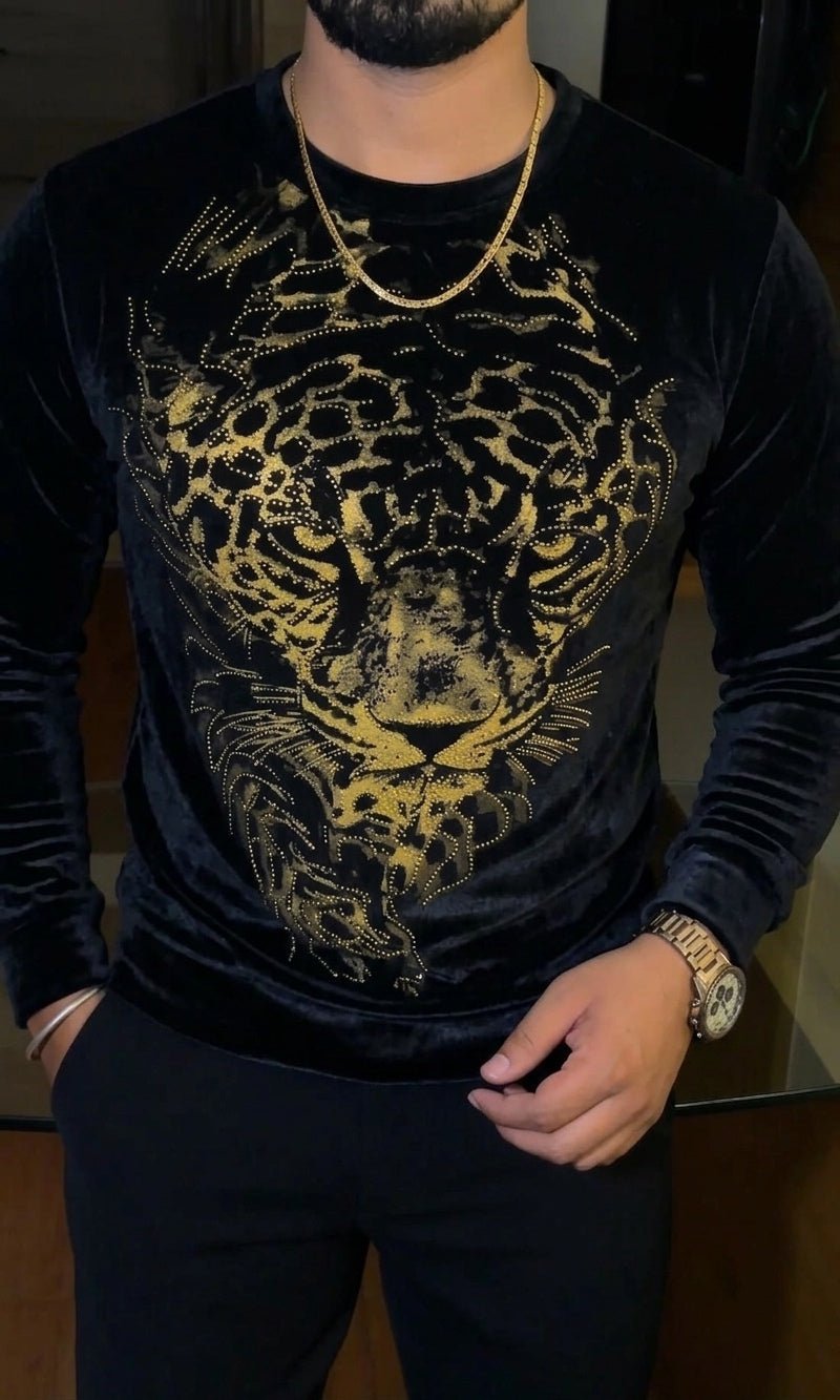 Tiger Swarovski Velvet Full Face Gold Sweatshirt - Black - Under Attack