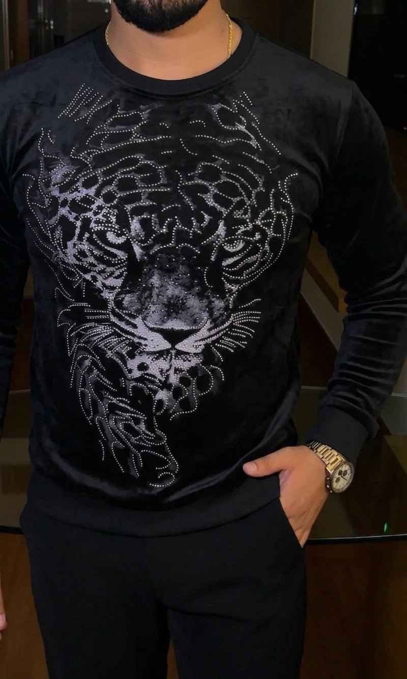 Tiger Swarovski Velvet Full Face Silver Sweatshirt - Black