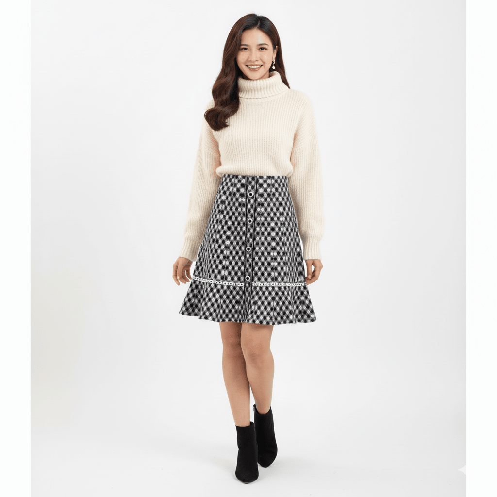 Tweed Plait Checkered Winter Party Wear Skirt 568 - Black - Under Attack