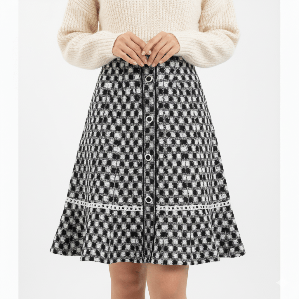 Tweed Plait Checkered Winter Party Wear Skirt 568 - Black - Under Attack