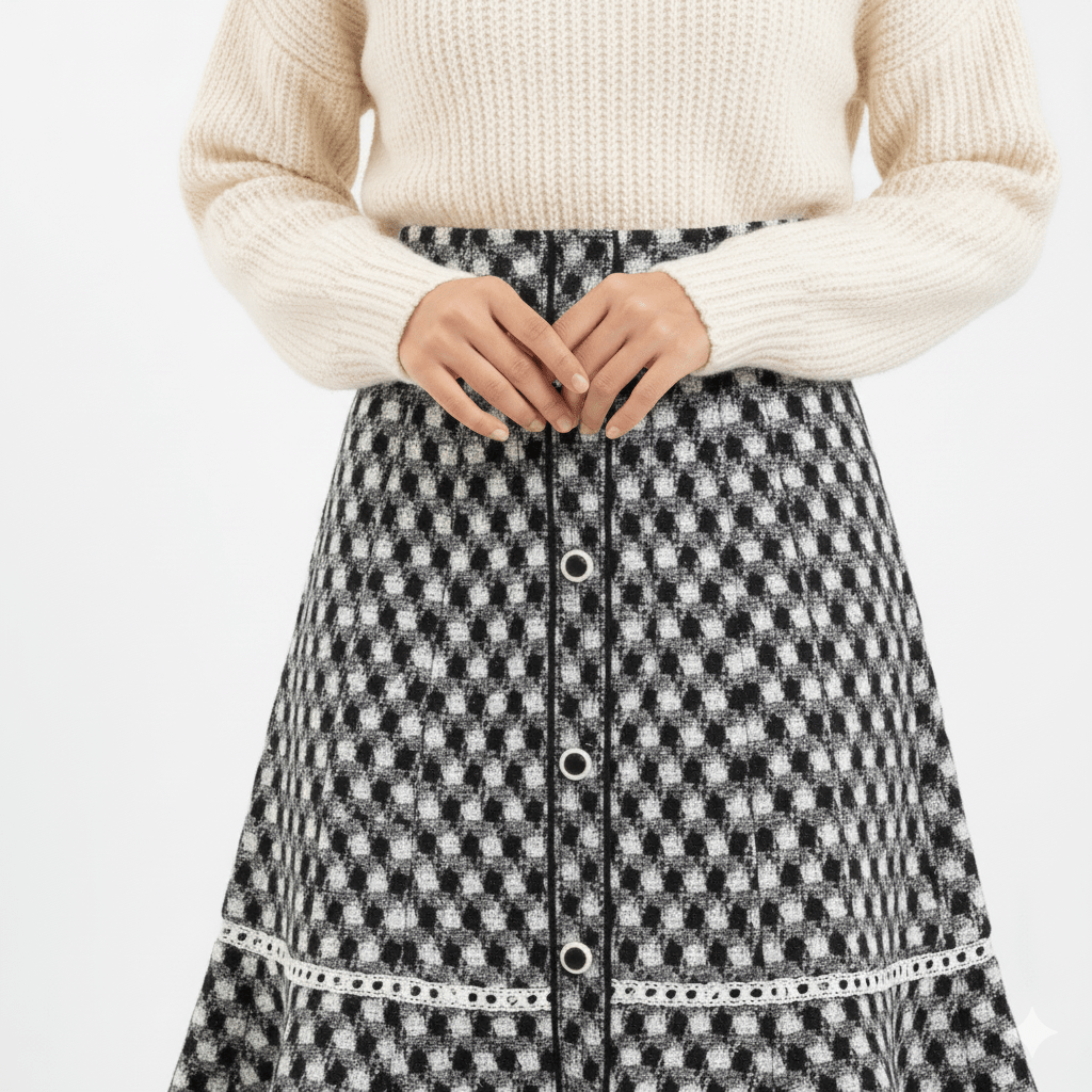Tweed Plait Checkered Winter Party Wear Skirt 568 - Black - Under Attack