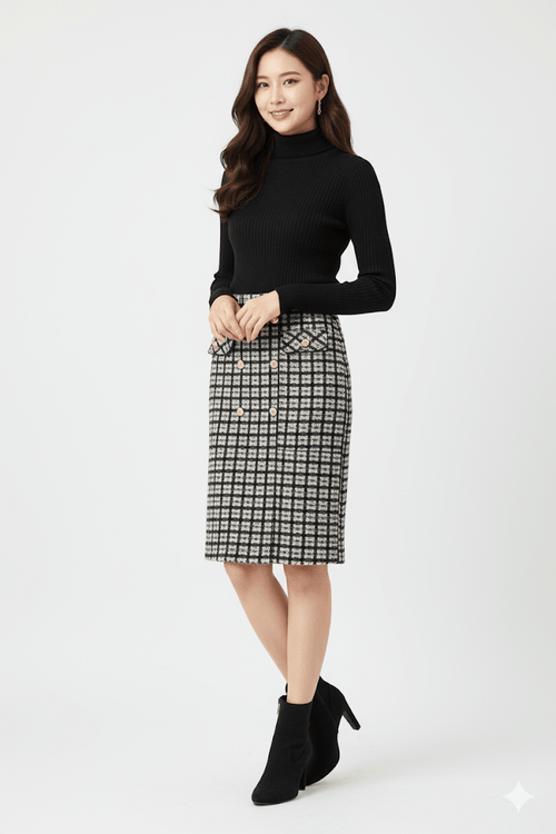 Tweed Plait Checkered Winter Party Wear Skirt 909 - Black - Under Attack