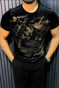 Velvet Swarovski Cheetah Face Gold Half Sleeves Tshirt - Black - Under Attack