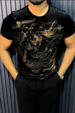 Velvet Swarovski Cheetah Face Gold Half Sleeves Tshirt - Black - Under Attack