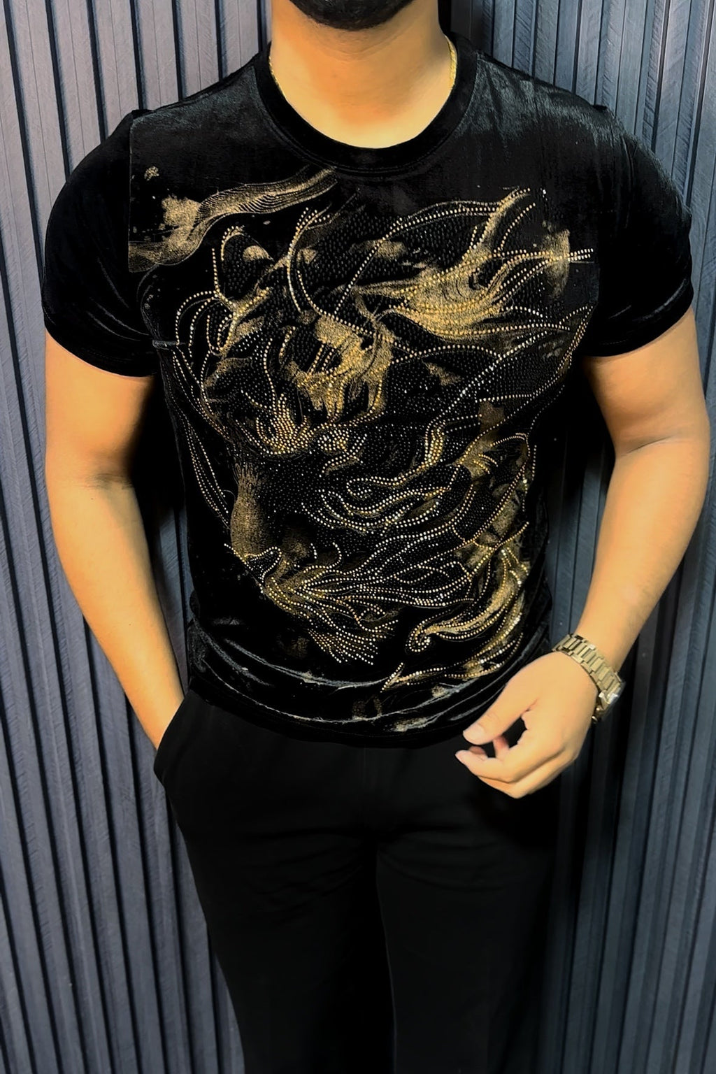 Velvet Swarovski Cheetah Face Gold Half Sleeves Tshirt - Black - Under Attack