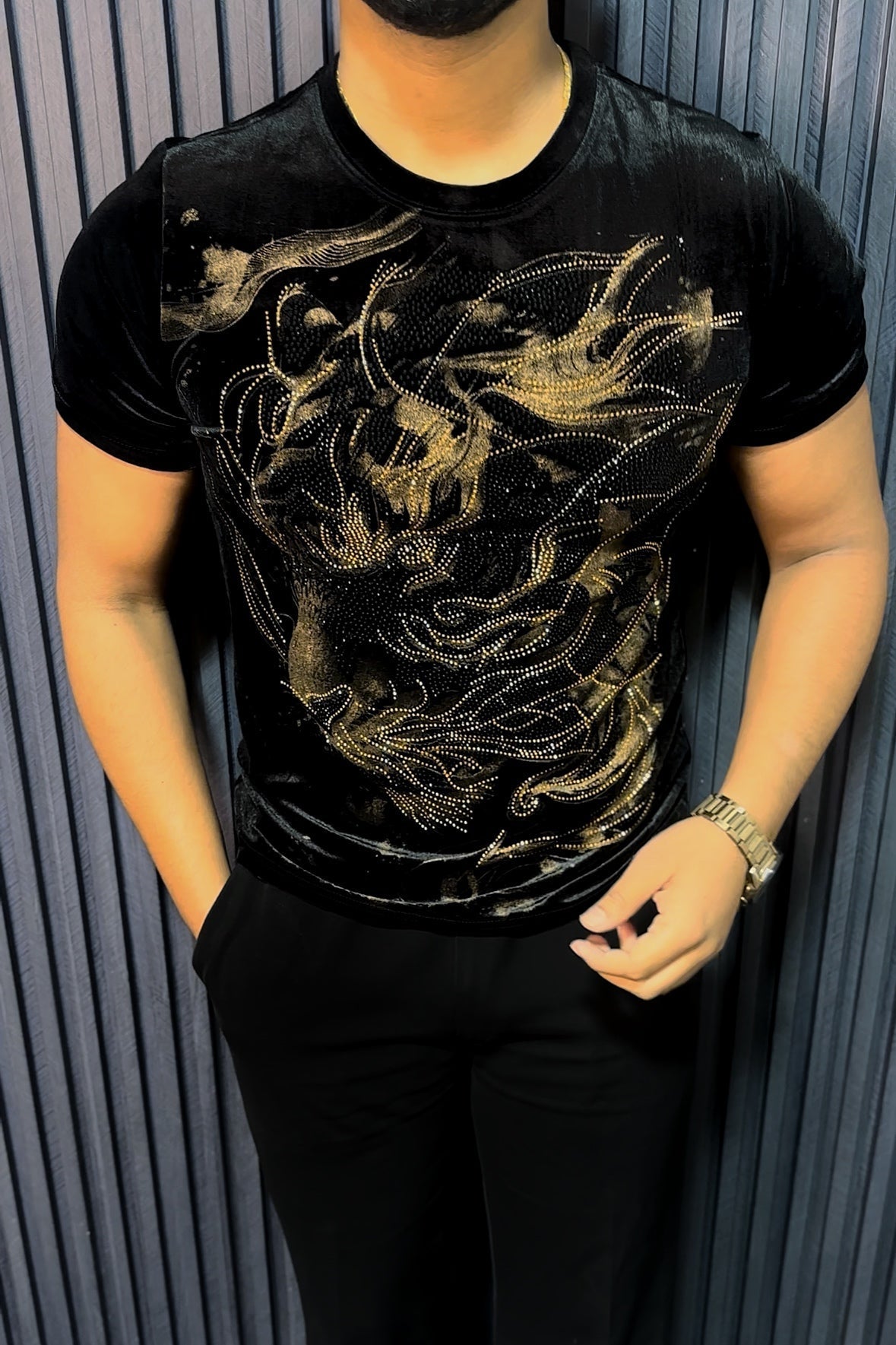 Velvet Swarovski Cheetah Face Gold Half Sleeves Tshirt - Black - Under Attack