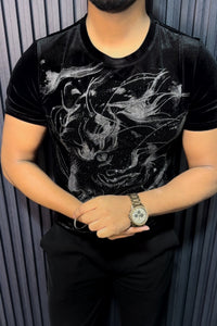 Velvet Swarovski Cheetah Face Silver Half Sleeves Tshirt - Black