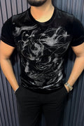 Velvet Swarovski Cheetah Face Silver Half Sleeves Tshirt - Black - Under Attack
