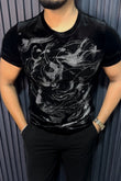 Velvet Swarovski Cheetah Face Silver Half Sleeves Tshirt - Black - Under Attack