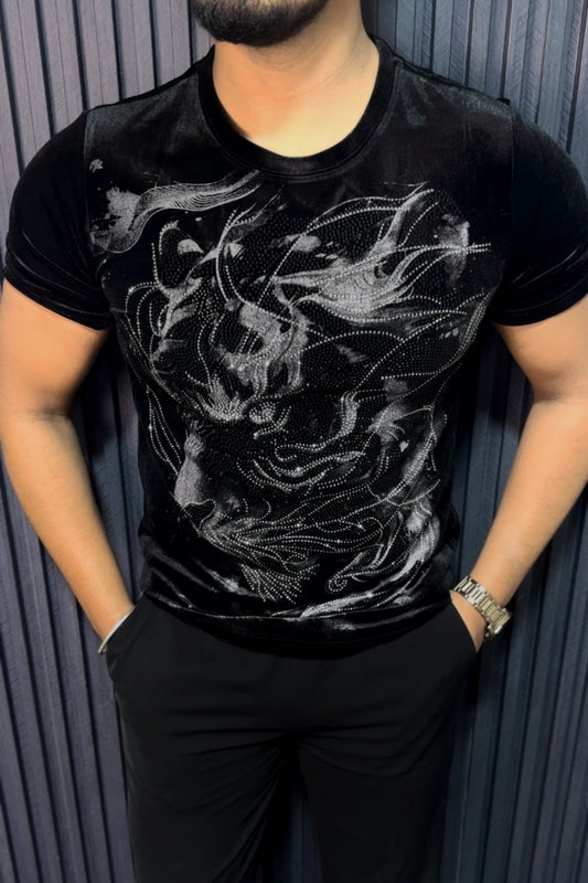 Velvet Swarovski Cheetah Face Silver Half Sleeves Tshirt - Black - Under Attack
