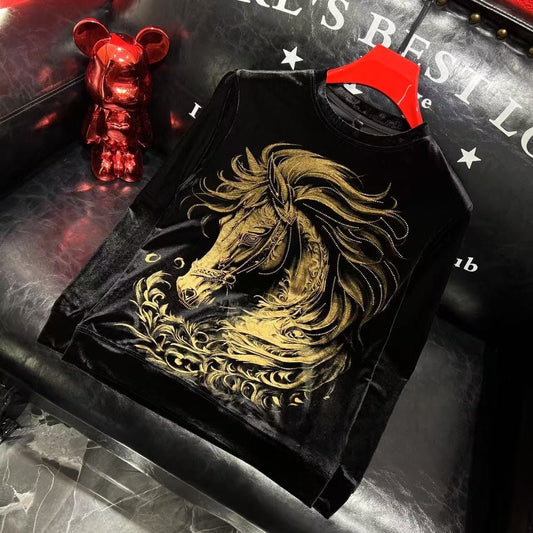 Velvet Swarovski Horse Face Sweatshirt - Black Gold - Under Attack