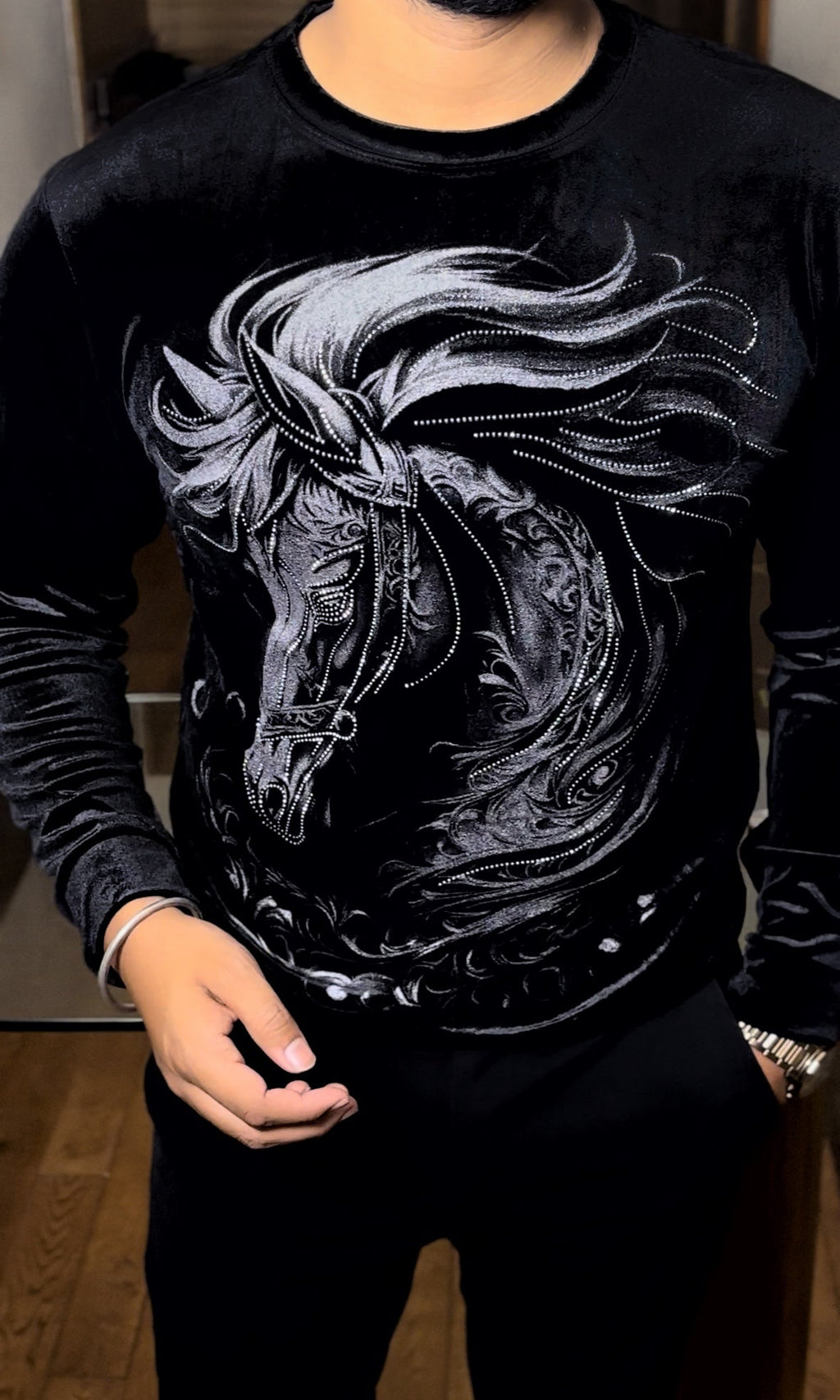 Velvet Swarovski Horse Face Sweatshirt - Black Silver - Under Attack