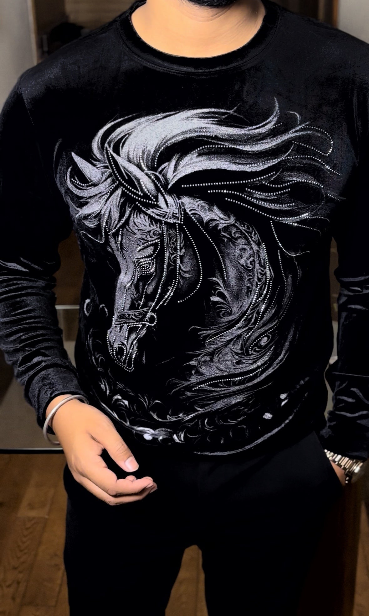 Velvet Swarovski Horse Face Sweatshirt - Black Silver - Under Attack