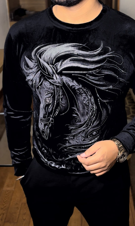 Velvet Swarovski Horse Face Sweatshirt - Black Silver - Under Attack
