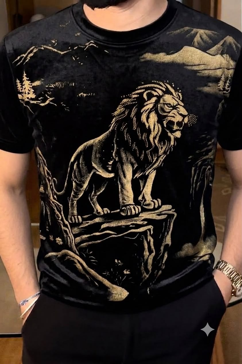 Velvet Swarovski Lion King Gold Half Sleeves Tshirt - Black - Under Attack