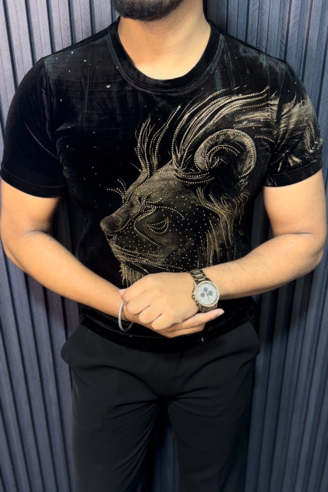 Velvet Swarovski Lion Side Face Gold Half Sleeves Tshirt - Black - Under Attack