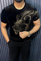 Velvet Swarovski Lion Side Face Gold Half Sleeves Tshirt - Black - Under Attack