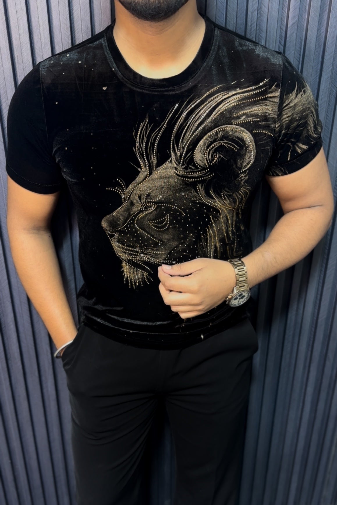 Velvet Swarovski Lion Side Face Gold Half Sleeves Tshirt - Black - Under Attack