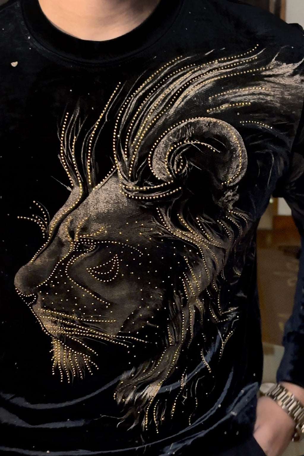 Velvet Swarovski Lion Side Face Gold Print Sweatshirt - Black - Under Attack